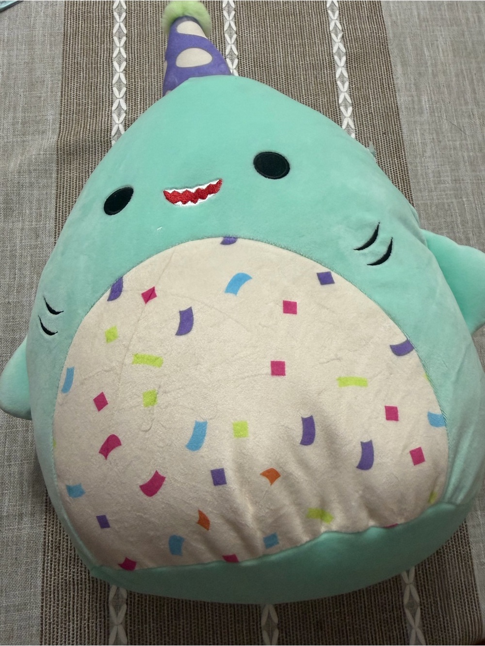 Plush birthday shark stuffed Toy - turquoise Green with Confetti Belly